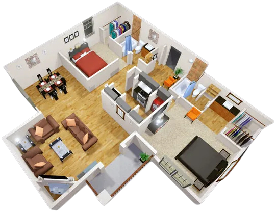 a 3d rendering of a two bedroom apartment at The Tribeca On  Creek