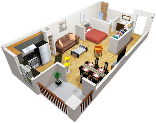 a 3d rendering of a small apartment with furniture at The Tribeca On  Creek